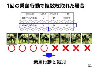 31
1回の乗駕行動で複数枚取れた場合
乗駕⾏動と識別
⽇付時間 ⾏動者 被⾏動者 ⾏動
2017/7/6/18:01 6 15 顎乗せ
2016/7/6/20:21 6 10 ST
 