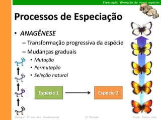 Especiação: formação de novas espécies




Processos de Especiação
• ANAGÊNESE
     – Transformação progressiva da espécie
     – Mudanças graduais
           • Mutação
           • Permutação
           • Seleção natural


                 Espécie 1                   Espécie 2



Biologia– 9º ano Ens. Fundamental   3º Período                       Profa. Rebeca Vale
 