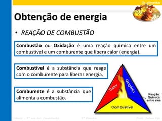 Os alimentos




Obtenção de energia
 • REAÇÃO DE COMBUSTÃO
  Combustão ou Oxidação é uma reação química entre um
  combustível e um comburente que libera calor (energia).

  Combustível é a substância que reage
  com o comburente para liberar energia.


  Comburente é a substância que
  alimenta a combustão.


Ciências – 8º ano Ens. Fundamental   2º Bimestre   Profa. Rebeca Vale
 