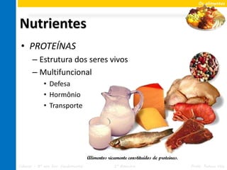 Os alimentos




Nutrientes
 • PROTEÍNAS
       – Estrutura dos seres vivos
       – Multifuncional
             • Defesa
             • Hormônio
             • Transporte




                                     Alimentos ricamente constituídos de proteínas.
Ciências – 8º ano Ens. Fundamental                2º Bimestre                         Profa. Rebeca Vale
 