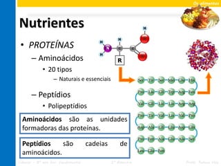 Os alimentos




Nutrientes
 • PROTEÍNAS
       – Aminoácidos
             • 20 tipos
                   – Naturais e essenciais

       – Peptídios
             • Polipeptídios
  Aminoácidos são as unidades
  formadoras das proteínas.

  Peptídios    são                   cadeias       de
  aminoácidos.
Ciências – 8º ano Ens. Fundamental             2º Bimestre   Profa. Rebeca Vale
 