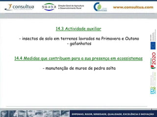 14.3 Actividade auxiliar
- insectos de solo em terrenos lavrados na Primavera e Outono
- gafanhotos
14.4 Medidas que contribuem para a sua presença em ecossistemas
- manutenção de muros de pedra solta
 