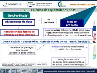 Ajustamento da dose Metódo
proposto
Adaptado de informação confidencial sobre trabalho em publicação de PJ Walklate, JV
Cross, GM Richardson, RA Murray, D E Baker, em Outubro 2001. A proposed method of
pesticide dose adjustment for different apple orchard structures
assume a dose definida no rótulo como o pior
caso; tratamento de grande intensidade com
árvores de grande porte, i.e como dose máxima
densidade de plantação
(compasso)
variedade e porta enxertos
alterações devido ao crescimento
no período de pulverização
alteração da estrutura
do pomar com o crescimento ou
de acordo com estado fenológico
Tree Area Density
em
pomares
considerar dois fatores de
correção da dose indicada
dose calculada = dose máxima * correção tipo de pomar * estado fenológico
3.3 – Cálculos das quantidades de PF
 