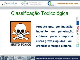 63
Classificação Toxicológica
Produto que, por inalação,
ingestão ou penetração
cutânea, pode comportar
riscos graves, agudos ou
crónicos e mesmo a morte.
 