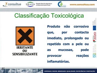 67
Classificação Toxicológica
Produto não corrosivo
que, por contacto
imediato, prolongado ou
repetido com a pele ou
as mucosas, pode
provocar reações
inflamatórias.
 