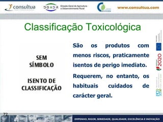 72
Classificação Toxicológica
São os produtos com
menos riscos, praticamente
isentos de perigo imediato.
Requerem, no entanto, os
habituais cuidados de
carácter geral.
 