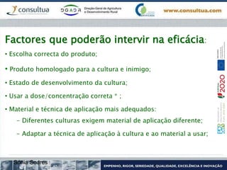 Factores que poderão intervir na eficácia:
• Escolha correcta do produto;
• Produto homologado para a cultura e inimigo;
• Estado de desenvolvimento da cultura;
• Usar a dose/concentração correta * ;
• Material e técnica de aplicação mais adequados:
- Diferentes culturas exigem material de aplicação diferente;
- Adaptar a técnica de aplicação à cultura e ao material a usar;
Sónia Soares
 