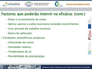 Factores que poderão intervir na eficácia: (cont.)
- Evitar o arrastamento da calda:
- Aplicar apenas a calda necessária evitando escorrimento;
- Usar pressão de trabalho correcta;
- Época da aplicação;
• Condições atmosféricas propícias:
- Velocidade do vento;
- Humidade relativa;
- Temperatura do ar;
- Possibilidade de precipitação;
Sónia Soares
 