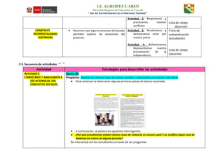 I.E AGROPECUARIO
Dirección Regional de Educación de Ucayali
“Año del Fortalecimiento de la Soberanía Nacional”
Actividad 2: Proponemos y
practicamos resolver
conflictos
Lista de cotejo
(docente)
CONSTRUYE
INTERPRETACIONES
HISTÓRICAS
 Reconoce que algunos procesos del pasado
permiten explicar las situaciones del
presente.
Actividad 3: Revaloramos y
demostramos amor por
nuestra patria
Actividad 4: Reflexionamos
Representamos nuestra
proclamación de la
independencia
Ficha de
autoevaluación
(estudiante)
Lista de cotejo
(docente)
2.5. Secuencia de actividades :“ ”
Actividad Estrategias para desarrollar las actividades
Actividad 1:
CONOCEMOS Y ANALIZAMOS A
LOS ACTORES DE LOS
CONFLICTOS SOCIALES.
Sesión 01
Propósito: Analizar los diversos tipos de actores sociales y relacionarlo con nuestra vida diaria
 Para comenzar se observarán algunas primeras planas de diarios nacionales
 A continuación, se plantea las siguientes interrogantes:
 ¿Por qué actualmente existen tantos casos de violencia en nuestro país? ¿se justifica algún caso de
violencia en contra de alguna persona?
Se interactúa con los estudiantes a través de las preguntas.
 
