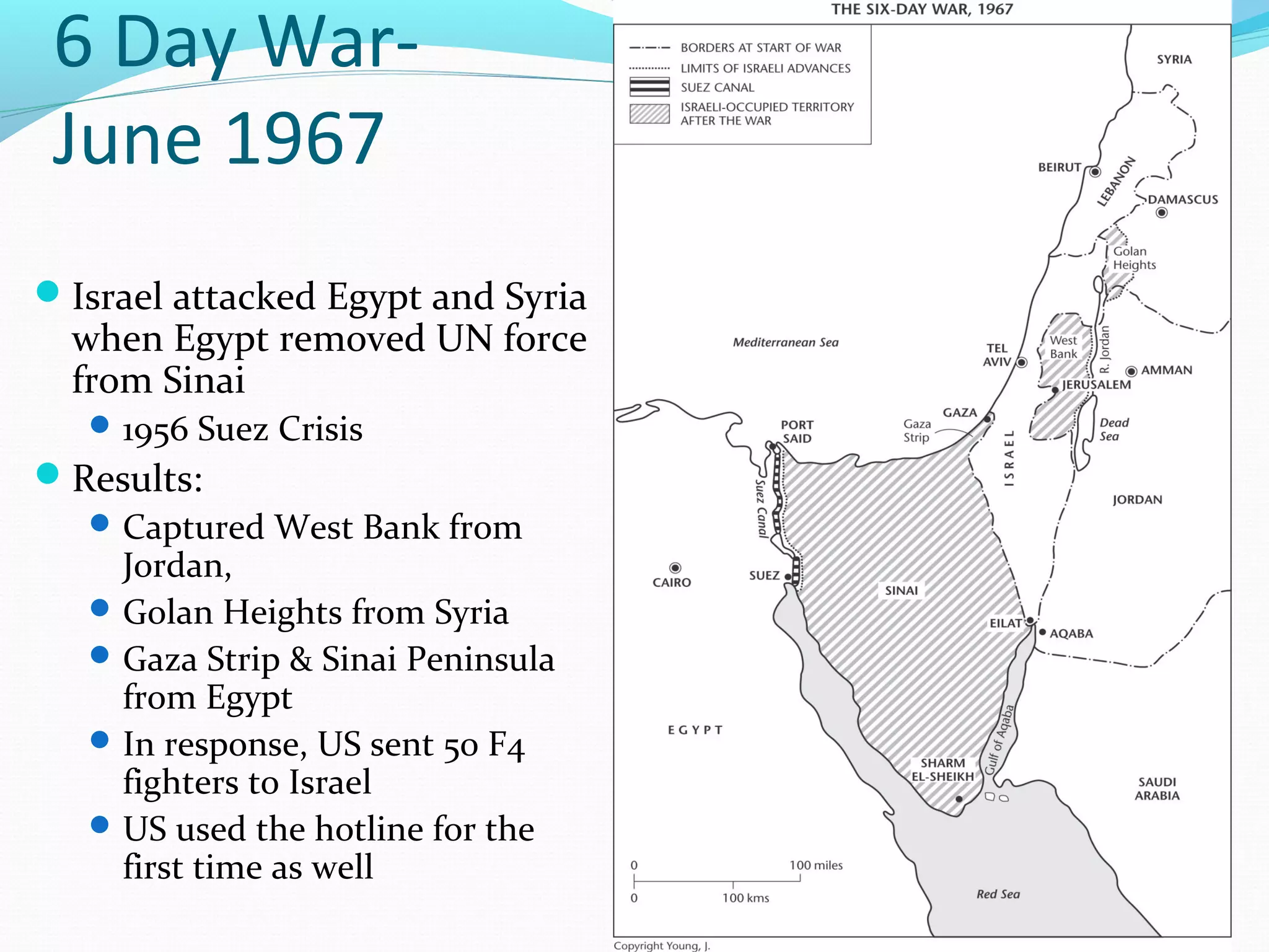 6 Day War- 
June 1967 
Israel attacked Egypt and Syria 
when Egypt removed UN force 
from Sinai 
1956 Suez Crisis 
Results: 
Captured West Bank from 
Jordan, 
Golan Heights from Syria 
Gaza Strip & Sinai Peninsula 
from Egypt 
In response, US sent 50 F4 
fighters to Israel 
US used the hotline for the 
first time as well 
 