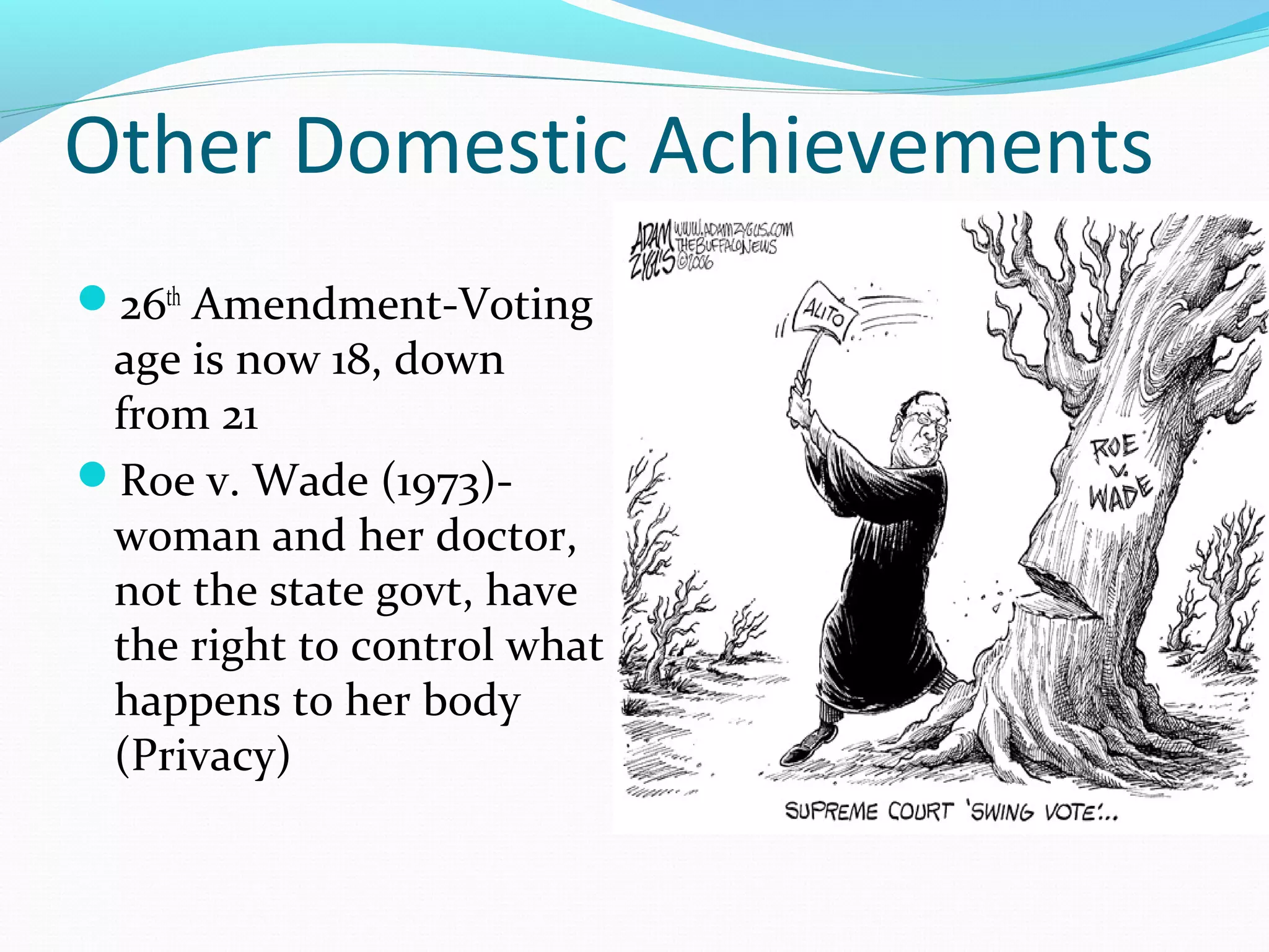 Other Domestic Achievements 
26th Amendment-Voting 
age is now 18, down 
from 21 
Roe v. Wade (1973)- 
woman and her doctor, 
not the state govt, have 
the right to control what 
happens to her body 
(Privacy) 
 