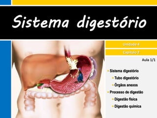 Sistema digestório
                      Unidade 4

                      Capítulo 2
                                    Aula 1/1

             Sistema digestório
                Tubo digestório
                Órgãos anexos
             Processo de digestão
                Digestão física
                Digestão química
 