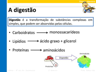 Sistema digestório




A digestão
 Digestão é a transformação de substâncias complexas em
 simples, que podem ser absorvidas pelas células.

 • Carboidratos                            monossacarídeos

 • Lipídios                          ácido graxo + glicerol

 • Proteínas                          aminoácidos



Ciências – 8º ano Ens. Fundamental        2º Bimestre          Profa. Rebeca Vale
 