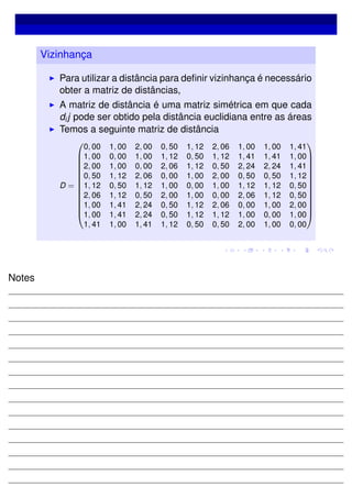 Vizinhança
Para utilizar a distância para deﬁnir vizinhança é necessário
obter a matriz de distâncias,
A matriz de distância é uma matriz simétrica em que cada
dij pode ser obtido pela distância euclidiana entre as áreas
Temos a seguinte matriz de distância
D =














0, 00 1, 00 2, 00 0, 50 1, 12 2, 06 1, 00 1, 00 1, 41
1, 00 0, 00 1, 00 1, 12 0, 50 1, 12 1, 41 1, 41 1, 00
2, 00 1, 00 0, 00 2, 06 1, 12 0, 50 2, 24 2, 24 1, 41
0, 50 1, 12 2, 06 0, 00 1, 00 2, 00 0, 50 0, 50 1, 12
1, 12 0, 50 1, 12 1, 00 0, 00 1, 00 1, 12 1, 12 0, 50
2, 06 1, 12 0, 50 2, 00 1, 00 0, 00 2, 06 1, 12 0, 50
1, 00 1, 41 2, 24 0, 50 1, 12 2, 06 0, 00 1, 00 2, 00
1, 00 1, 41 2, 24 0, 50 1, 12 1, 12 1, 00 0, 00 1, 00
1, 41 1, 00 1, 41 1, 12 0, 50 0, 50 2, 00 1, 00 0, 00














Notes
 