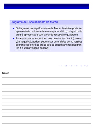 Diagrama de Espalhamento de Moran
O diagrama de espalhamento de Moran também pode ser
apresentado na forma de um mapa temático, no qual cada
area é apresentada com a cor do respectivo quadrante
As areas que se encontram nos quadrantes 3 e 4 (correla-
ção negativa), podem podem ser entendidos como regiões
de transição entre as áreas que se encontram nos quadran-
tes 1 e 2 (correlação positiva)
Notes
 