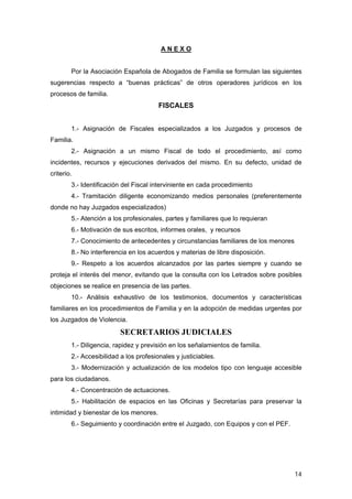 ANEXO


        Por la Asociación Española de Abogados de Familia se formulan las siguientes
sugerencias respecto a “buenas prácticas” de otros operadores jurídicos en los
procesos de familia.
                                        FISCALES


        1.- Asignación de Fiscales especializados a los Juzgados y procesos de
Familia.
        2.- Asignación a un mismo Fiscal de todo el procedimiento, así como
incidentes, recursos y ejecuciones derivados del mismo. En su defecto, unidad de
criterio.
        3.- Identificación del Fiscal interviniente en cada procedimiento
        4.- Tramitación diligente economizando medios personales (preferentemente
donde no hay Juzgados especializados)
        5.- Atención a los profesionales, partes y familiares que lo requieran
        6.- Motivación de sus escritos, informes orales, y recursos
        7.- Conocimiento de antecedentes y circunstancias familiares de los menores
        8.- No interferencia en los acuerdos y materias de libre disposición.
        9.- Respeto a los acuerdos alcanzados por las partes siempre y cuando se
proteja el interés del menor, evitando que la consulta con los Letrados sobre posibles
objeciones se realice en presencia de las partes.
        10.- Análisis exhaustivo de los testimonios, documentos y características
familiares en los procedimientos de Familia y en la adopción de medidas urgentes por
los Juzgados de Violencia.
                          SECRETARIOS JUDICIALES
        1.- Diligencia, rapidez y previsión en los señalamientos de familia.
        2.- Accesibilidad a los profesionales y justiciables.
        3.- Modernización y actualización de los modelos tipo con lenguaje accesible
para los ciudadanos.
        4.- Concentración de actuaciones.
        5.- Habilitación de espacios en las Oficinas y Secretarías para preservar la
intimidad y bienestar de los menores.
        6.- Seguimiento y coordinación entre el Juzgado, con Equipos y con el PEF.




                                                                                      14
 