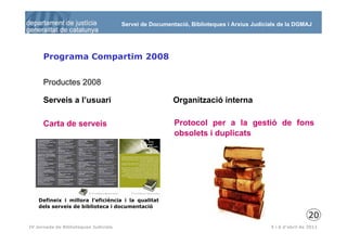 Servei de Documentació, Biblioteques i Arxius Judicials de la DGMAJ




      Programa Compartim 2008


      Productes 2008

      Serveis a l’usuari                                 Organització interna

      Carta de serveis                                   Protocol per a la gestió de fons
                                                         obsolets i duplicats




    Defineix i millora l’eficiència i la qualitat
    dels serveis de biblioteca i documentació
                                                                                                           20
 21
IV Jornada de Biblioteques Judicials                                                       5 i 6 d’abril de 2011
 