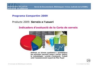 Servei de Documentació, Biblioteques i Arxius Judicials de la DGMAJ




      Programa Compartim 2009

      Producte 2009: Serveis a l’usuari

                Indicadors d’avaluació de la Carta de serveis




                                  Defineix en termes qualitatius i quantitatius
                                  les activitats (serveis) dutes a terme. Definir
                                  la metodologia i procés d’avaluació. Treball
                                  amb l’assessorament expert de Pilar Puyol

                                                                                                           25
 26
IV Jornada de Biblioteques Judicials                                                       5 i 6 d’abril de 2011
 
