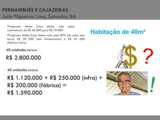 Programa Minha Casa Minha vida pelas construtoras: de R$ 46 000 para R$ 70 000 Programa Minha Casa Minha vida pelo IBTH (de custo, sem lucro): R$ 28 000 (sem infraestrutura) e R$ 45 000 (fábrica+infra) R$ 2.800.000 40 unidades  (R$70mil) 40 unidades  (R$28mil) R$ 1.120.000 + R$ 250.000 (infra) + R$ 200.000 (fábrica) =  R$ 1.590.000  Habitação de 40m² ! ? PERNAMBUÉS E CAJAZEIRAS João Filgueiras Lima, Salvador/BA 