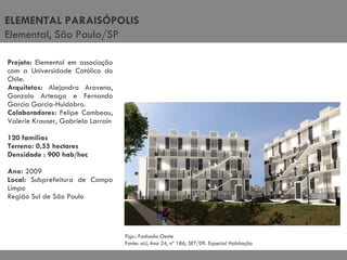 Figs.: Fachada Oeste Fonte: aU, Ano 24, nº 186, SET/09. Especial Habitação ELEMENTAL PARAISÓPOLIS Projeto:  Elemental em associação com a Universidade Católica do Chile. Arquitetos:  Alejandro Aravena, Gonzalo Arteaga e Fernando Garcia Garcia-Huidobro. Colaboradores:  Felipe Combeau, Valerie Krauser, Gabriela Larrain 120 famílias Terreno: 0,55 hectares Densidade : 900 hab/hec Ano:  2009 Local:  Subprefeitura de Campo Limpo Região Sul de São Paulo ELEMENTAL PARAISÓPOLIS Elemental, São Paulo/SP 