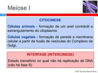Meiose I
23

CITOCINESE
Células animais - formação de um anel contráctil e
estrangulamento do citoplasma.
Células vegetais - formação de parede e membrana
celular a partir da fusão de vesículas do Complexo de
Golgi.
INTERFASE (INTERCINESE)
Estado transitório no qual não há replicação de DNA
(não há fase S)
Profª Sandra Nascimento

 