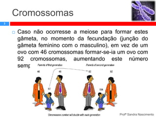 Cromossomas
3



Caso não ocorresse a meiose para formar estes
gâmeta, no momento da fecundação (junção do
gâmeta feminino com o masculino), em vez de um
ovo com 46 cromossomas formar-se-ia um ovo com
92 cromossomas, aumentando este número
sempre que ocorresse fecundação

Profª Sandra Nascimento

 