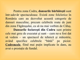 P entru zona Codru,  dansurile bărbăteşti  sunt într-adevăr spectaculoase. Există zone folclorice în România care au dezvoltat această categorie de dansuri masculine, precum celebrele roate de juni din zona Făgăraşului, ca să nu mai vorbim de Căluş.  Dansurile fecioreşti din Codru  sunt printre cele mai greu de executat şi sunt – cum ne-a fost dat să vedem – un spectacol de tehnică şi măiestrie, având specifice celebrele “bătăi” pe picior.  Codrencele , fiind mai puţin implicate în dans, au avut o prestaţie de fundal . 