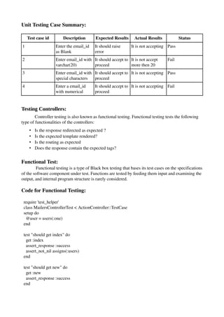 Unit Testing Case Summary:

    Test case id        Description        Expected Results       Actual Results            Status
1                   Enter the email_id     It should raise      It is not accepting Pass
                    as Blank               error
2                   Enter email_id with  It should accept to  It is not accept       Fail
                    varchar(20)          proceed              more then 20
3                   Enter email_id with  It should accept to  It is not accepting  Pass
                    special characters   proceed
4                   Enter a email_id       It should accept to  It is not accepting  Fail
                    with numerical         proceed


Testing Controllers:
        Controller testing is also known as functional testing. Functional testing tests the following 
type of functionalities of the controllers:
     •   Is the response redirected as expected ? 
     •   Is the expected template rendered? 
     •   Is the routing as expected 
     •   Does the response contain the expected tags? 


Functional Test:
         Functional testing is a type of Black box testing that bases its test cases on the specifications 
of the software component under test. Functions are tested by feeding them input and examining the 
output, and internal program structure is rarely considered.

Code for Functional Testing:

  require 'test_helper' 
  class MailersControllerTest < ActionController::TestCase 
  setup do 
    @user = users(:one) 
  end 

  test "should get index" do 
    get :index 
    assert_response :success 
    assert_not_nil assigns(:users) 
  end 

  test "should get new" do 
    get :new 
    assert_response :success 
  end 
 