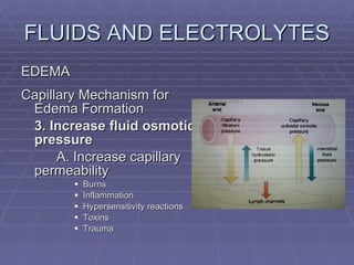 FLUIDS AND ELECTROLYTES EDEMA Capillary Mechanism for Edema Formation 3. Increase fluid osmotic pressure A. Increase capillary permeability Burns Inflammation Hypersensitivity reactions Toxins Trauma 