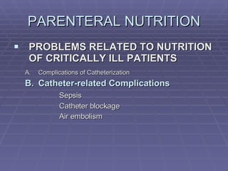 PARENTERAL NUTRITION PROBLEMS RELATED TO NUTRITION OF CRITICALLY ILL PATIENTS Complications of Catheterization Catheter-related Complications Sepsis Catheter blockage Air embolism 