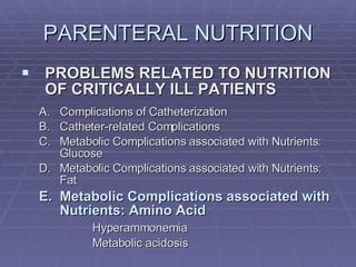 PARENTERAL NUTRITION PROBLEMS RELATED TO NUTRITION OF CRITICALLY ILL PATIENTS Complications of Catheterization Catheter-related Complications Metabolic Complications associated with Nutrients: Glucose Metabolic Complications associated with Nutrients: Fat Metabolic Complications associated with Nutrients: Amino Acid Hyperammonemia Metabolic acidosis 