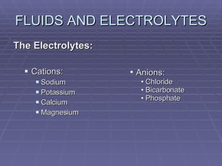 FLUIDS AND ELECTROLYTES The Electrolytes: Cations: Sodium Potassium Calcium Magnesium Anions: Chloride Bicarbonate Phosphate 