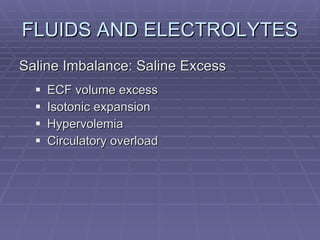 FLUIDS AND ELECTROLYTES Saline Imbalance: Saline Excess ECF volume excess Isotonic expansion Hypervolemia Circulatory overload 