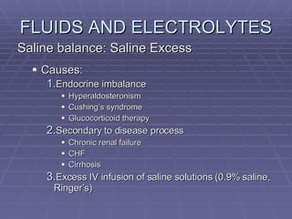 FLUIDS AND ELECTROLYTES Saline balance: Saline Excess Causes: Endocrine imbalance Hyperaldosteronism Cushing’s syndrome Glucocorticoid therapy Secondary to disease process Chronic renal failure CHF Cirrhosis Excess IV infusion of saline solutions (0.9% saline, Ringer’s) 