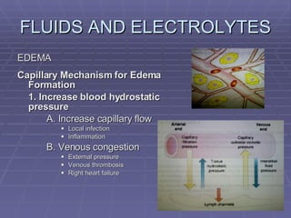 FLUIDS AND ELECTROLYTES EDEMA Capillary Mechanism for Edema Formation 1. Increase blood hydrostatic pressure A. Increase capillary flow Local infection Inflammation B. Venous congestion External pressure Venous thrombosis Right heart failure 