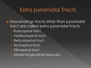  Descendings tracts other than pyramidal
tract are called extra pyramidal tracts
› Rubrospinal tract
› Vestibulospinal tract
› Reticulospinal tract
› Tectospinal tract
› Olivospinal tract
› Medial longitudinal fasciculus
 