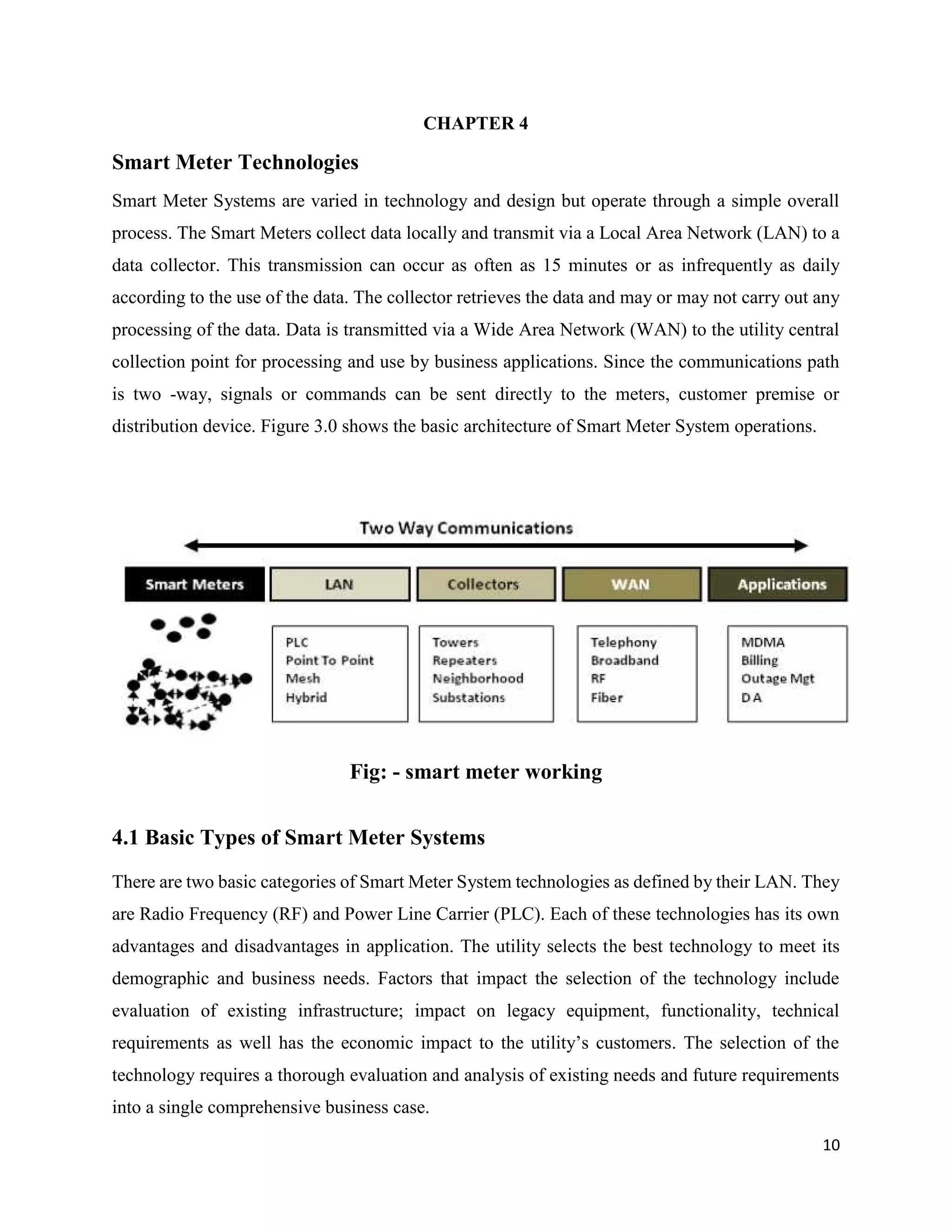 10
CHAPTER 4
Smart Meter Technologies
Smart Meter Systems are varied in technology and design but operate through a simple overall
process. The Smart Meters collect data locally and transmit via a Local Area Network (LAN) to a
data collector. This transmission can occur as often as 15 minutes or as infrequently as daily
according to the use of the data. The collector retrieves the data and may or may not carry out any
processing of the data. Data is transmitted via a Wide Area Network (WAN) to the utility central
collection point for processing and use by business applications. Since the communications path
is two -way, signals or commands can be sent directly to the meters, customer premise or
distribution device. Figure 3.0 shows the basic architecture of Smart Meter System operations.
Fig: - smart meter working
4.1 Basic Types of Smart Meter Systems
There are two basic categories of Smart Meter System technologies as defined by their LAN. They
are Radio Frequency (RF) and Power Line Carrier (PLC). Each of these technologies has its own
advantages and disadvantages in application. The utility selects the best technology to meet its
demographic and business needs. Factors that impact the selection of the technology include
evaluation of existing infrastructure; impact on legacy equipment, functionality, technical
requirements as well has the economic impact to the utility’s customers. The selection of the
technology requires a thorough evaluation and analysis of existing needs and future requirements
into a single comprehensive business case.
 
