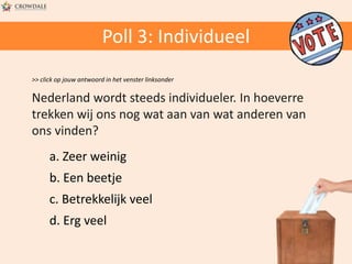 Poll 3: Individueel
>> click op jouw antwoord in het venster linksonder

Nederland wordt steeds individueler. In hoeverre
trekken wij ons nog wat aan van wat anderen van
ons vinden?
a. Zeer weinig

b. Een beetje
c. Betrekkelijk veel
d. Erg veel

 