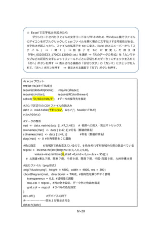 IV-28
#circos プロット
rm(list=ls(all=T RUE))
require(GlobalOptions); require(shape);
require(circlize); require(RColorBrewer)
setwd("D:/K01/V04/5") #データの保存先を指定
#カンマ区切りの CSV ファイルの読込み
datz <- read.table("FEH.csv", sep=",", header=TRUE)
attach(datz)
#データの整形
mat <- data.matrix(datz [1:47,2:48]) # 他県への流入・流出マトリックス
rownames(mat) <- datz [1:47,1] #行名（都道府県名）
colnames(mat) <- datz [1:47,1] #列名（都道府県名）
diag(mat) <- 0 #対角要素を 0 に置換
#色の設定 6 地域別で色を変えているので、6 色をそれぞれ地域内の県の数並べている
regcol <- inverse.rle(list(lengths=c(7,7,9,7,9,8),
values=rev(rainbow(6,start=0,end=.6,s=.6,v=.95))))
# 北海道+東北 7 県、関東 7 県、中部 9 県、関西 7 県、中国･四国 9 県、九州沖縄 8 県
#出力ファイル（png 形式）
png("cluster.png", height = 4800, width = 4800, res = 300)
chordDiagram(mat, directional = TRUE, #指向性を解りやすく表現
transparency = 0.5, #透明度の調整
row.col = regcol , #列の色を設定、データ列で色数を指定
grid.col = regcol #ラベルの色を設定
)
dev.off() #デバイスの終了
#----------------図 6.1 が表示される
detach(datz)
☆ Excel で文字化けが起きたら
ダウンロードされたファイルの文字コードは UTF-8 のため、Windows 機でファイル
のアイコンをダブルクリックして csv ファイルを開く場合に文字化けする可能性がある。
文字化けが起こったら、ファイルの拡張子を txt に変え、Excel のメニューバーから「フ
ァ イ ル 」 ⇒ 「 開 く 」 ⇒ 拡 張 子 を txt に 変 更 し た 例 え ば
「FEH_00200523_170621130600.txt」を選択 ⇒「元のデータの形式」を「カンマや
タブなどの区切り文字によってフィールドごとに区切られたデータ」にチェックを入れて
「次へ」ボタンを押す ⇒ 表示される画面の「区切り文字」の「カンマ」にチェックを入
れて、「次へ」ボタンを押す ⇒ 表示される画面で「完了」ボタンを押す。
 