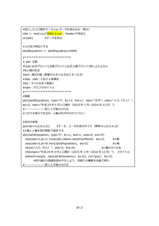 IV-2
#加工した人口推計データ csv データを読み込む（表示）
(dat <- read.csv("05k2-2.csv", header=TRUE))
str(dat) #データを見る
#人口を万単位にする
dat$Population <- dat$Population/10000
#***************************
# plot 引数
#type:p(点プロット),l(線プロット),b(点と線プロット)他 c,o,h,s,S,n
#lty:線の形式
#lwd：線分の幅（数値が大きくなるほど太くなる）
#xlab，ylab：x 及び y 座標名
#las：ラベルを全て垂直に
#main：グラフのタイトル
#***************************
#描画
plot(dat$Population, type="l", lty=1, lwd=1, xlab="年月 ", ylab="人 口（万 人） ",
las=3, main="平成 29 年 5 月人口推計（2015 年 1 月～2016 年 12 月）")
#----------------図 1.1 が表示される
#これでも表示できるが、x 軸の年月が分かりづらい
#余白の変更
par(mar=c(6,6,4,2)) #下・左・上・右の余白サイズ（標準は c(5,4,4,2)）
#x 軸と y 軸を別の関数で指定する
plot(dat$Population, type="l", lty=1, lwd=1, axes=F, ann=F)
axis(side=1,at=1:nrow(dat),labels=dat$YearMonth, las=3) #x 軸
axis(side=2,at=0:max(dat$Population), las=2) #y 軸
mtext("人口（万人）", side=2, line=4) #y 軸のラベル名
title(main="平成 29 年 5 月人口推計（2015 年 1 月～2016 年 12 月）") #タイトル
abline(h=seq(0, max(dat$Population), by=2), col="gray", lty=3)
#折れ線から数値を読みやすいよう、目盛りの横線を点線で挿入
#----------------図 1.2 が表示される
 