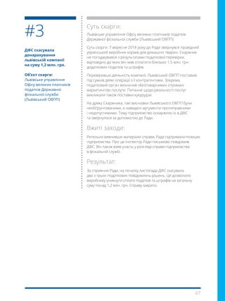 67
ДФС скасувала
донарахування
львівській компанії
на суму 1,2 млн. грн.
Об’єкт скарги:
Львівське управління
Офісу великих платників
податків Державної
фіскальної служби
(Львівський ОВПП)
Суть скарги:
Львівське управління Офісу великих платників податків
Державної фіскальної служби (Львівський ОВПП)
Суть скарги: 7 вересня 2018 року до Ради звернувся провідний
український виробник кормів для домашніх тварин. Скаржник
не погоджувався з результатами податкової перевірки,
відповідно до яких він мав сплатити близько 1,5 млн. грн.
додаткових податків та штрафів.
Перевіривши діяльність компанії, Львівський ОВПП поставив
під сумнів деякі операції з її контрагентами. Зокрема,
податковий орган визначив «безтоварними» отримані
маркетингові послуги. Питання щодо реальності послуг
викликали також поставки кукурудзи.
На думку Скаржника, такі висновки Львівського ОВПП були
необґрунтованими, а наведені аргументи протиправними
і недопустимими. Тому підприємство оскаржило їх в ДФС
та звернулося за допомогою до Ради.
Вжиті заходи:
Ретельно вивчивши матеріали справи, Рада підтримала позицію
підприємства. Про це інспектор Ради письмово повідомив
ДФС. Він також взяв участь у розгляді справи підприємства
в фіскальній службі.
Результат:
За сприяння Ради, на початку листопада ДФС скасувала
два з трьох податкових повідомлень-рішень. Це дозволило
виробнику уникнути сплати податків та штрафів на загальну
суму понад 1,2 млн. грн. Справу закрито.
#3
 