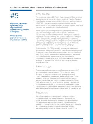 69
Вирішено системну
проблему щодо
опрацювання
задвоєних податкових
накладних
Об’єкт скарги:
Державна фіскальна
служба України (ДФС)
Суть скарги:
Починаючи з червня 2017 року Рада отримала 12 однотипних
звернень від підприємств з різних областей України. Предмет
скарг був однаковим: в системі електронного адміністрування
(СЕА) ПДВ у скаржників з незрозумілих для них причин
зменшувалася сума, на яку вони могли зареєструвати податкові
накладні (так званий «реєстраційний ліміт»).
Інспектори Ради почали розбиратися в скаргах і виявили,
що у всіх кейсах була одна спільна деталь. В певний
момент часу всі заявники помилково виписували задвоєну
податкову накладну. Номер або дата на задвоєних накладних
могли бути різними, але вони стосувалися однієї операції.
Помилкову накладну платники податку зрештою «анулювали»
(складали до неї розрахунок коригувань), але, як правило,
робили це з затримкою – у іншому звітному періоді.
Як виявилось, СЕА ПДВ у випадку виписки та подальшого
анулювання задвоєнної накладної спрацьовувала некоректно.
В принципі, така відміна не мала впливати на реєстраційний
ліміт. А от у наших заявників на суму анульованої накладної
реєстраційний ліміт зменшувався. Для підприємств
це означало фінансові втрати. Щоб продовжувати діяльність,
вони часто змушені були покласти на податкові рахунки
додаткові кошти.
Вжиті заходи:
Стосовно кожної скарги інспектори Ради зверталися до ДФС
з проханням виправити помилку СЕА та відкоригувати
формулу. Інспектори письмово пояснювали фіскальній
службі проблему та пропонували варіанти її рішення. Однак
виявилось, що для усунення проблеми необхідно внести
зміни до законодавства. Зрештою для вирішення проблеми
було скликано робочу групу під егідою Мінфіну, у яку увійшли
представники Ради, ДФС та інші експерти. Учасники робочої
групи спільно проаналізували проблему та розробили механізм її
вирішення, який передбачав відповідні зміни до законодавства.
Результат:
За результатами півторарічної роботи, було прийнято
нормативний акт, що вносить зміни до законодавства
та дає можливість анулювати задвоєні податкові накладні
без зменшення реєстраційного ліміту. Такі зміни набули
чинності 1 грудня 2018 року. Це дозволить всім, хто стикнувся
з проблемою, відновити правильний баланс рахунку,
а в майбутньому запобігти таким помилкам в роботі СЕА.
#5
ПРЕДМЕТ: ПРОБЛЕМИ З ЕЛЕКТРОННИМ АДМІНІСТРУВАННЯМ ПДВ
 