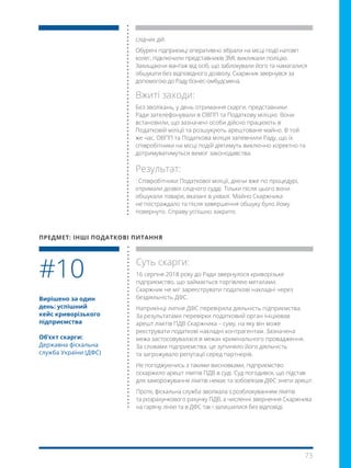 73
слідчих дій.
Обурені підприємці оперативно зібрали на місці події натовп
колег, підключили представників ЗМІ, викликали поліцію.
Захищаючи вантаж від осіб, що заблокували його та намагалися
обшукати без відповідного дозволу, Скаржник звернувся за
допомогою до Раду бізнес-омбудсмена.
Вжиті заходи:
Без зволікань, у день отримання скарги, представники
Ради зателефонували в ОВПП та Податкову міліцію. Вони
встановили, що зазначені особи дійсно працюють в
Податковій міліції та розшукують арештоване майно. В той
же час, ОВПП та Податкова міліція запевнили Раду, що їх
співробітники на місці подій діятимуть виключно коректно та
дотримуватимуться вимог законодавства.
Результат:
: Співробітники Податкової міліції, діючи вже по процедурі,
отримали дозвіл слідчого судді. Тільки після цього вони
обшукали товари, вказані в ухвалі. Майно Скаржника
не постраждало та після завершення обшуку було йому
повернуто. Справу успішно закрито.
Вирішено за один
день: успішний
кейс криворізького
підприємства
Об’єкт скарги:
Державна фіскальна
служба України (ДФС)
Суть скарги:
16 серпня 2018 року до Ради звернулося криворізьке
підприємство, що займається торгівлею металами.
Скаржник не міг зареєструвати податкові накладні через
бездіяльність ДФС.
Наприкінці липня ДФС перевірила діяльність підприємства.
За результатами перевірки податковий орган ініціював
арешт лімітів ПДВ Скаржника – суму, на яку він може
реєструвати податкові накладні контрагентам. Зазначена
межа застосовувалася в межах кримінального провадження.
За словами підприємства, це зупиняло його діяльність
та загрожувало репутації серед партнерів.
Не погоджуючись з такими висновками, підприємство
оскаржило арешт лімітів ПДВ в суді. Суд погодився, що підстав
для заморожування лімітів немає та зобов’язав ДФС зняти арешт.
Проте, фіскальна служба зволікала з розблокуванням лімітів
та розрахункового рахунку ПДВ, а численні звернення Скаржника
на гарячу лінію та в ДФС так і залишилися без відповіді.
#10
ПРЕДМЕТ: ІНШІ ПОДАТКОВІ ПИТАННЯ
 