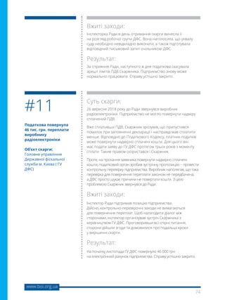 74
www.boi.org.ua
Податкова повернула
46 тис. грн. переплати
виробнику
радіоелектроніки
Об’єкт скарги:
Головне управління
Державної фіскальної
служби м. Києва ( ГУ
ДФС)
Суть скарги:
26 вересня 2018 року до Ради звернувся виробник
радіоелектроніки. Підприємство не могло повернути надміру
сплачений ПДВ.
Вже сплативши ПДВ, Скаржник зрозумів, що припустився
помилок при заповненні декларації і насправді мав сплатити
менше. Відповідно до Податкового Кодексу, платник податків
може повернути надмірно сплачені кошти. Для цього він
має подати заяву до ГУ ДФС протягом трьох років з моменту
сплати. Таким правом скористався і Скаржник.
Проте, на прохання заявника повернути надмірно сплачені
кошти, податковий орган зробив зустрічну пропозицію – провести
контрольну перевірку підприємства. Виробник наполягав, що така
перевірка для повернення переплати законом не передбачена,
а ДФС просто шукає причини не повертати кошти. З цією
проблемою Скаржник звернувся до Ради.
Вжиті заходи:
Інспектор Ради підтримав позицію підприємства.
Дійсно, контрольно-перевірочні заходи не вимагаються
для повернення переплат. Щоб налагодити діалог між
сторонами, інспектор організував зустріч Скаржника з
керівництвом ГУ ДФС. Проговоривши всі спірні питання,
сторони дійшли згоди та домовилися про подальші кроки
у вирішенні скарги.
Результат:
На початку листопада ГУ ДФС повернуло 46 000 грн
на електронний рахунок підприємства. Справу успішно закрито.
#11
Вжиті заходи:
Інспекторка Ради в день отримання скарги винесла її
на розгляд робочої групи ДФС. Вона наголосила, що ухвалу
суду необхідно невідкладно виконати, а також підготувала
відповідний письмовий запит очільникові ДФС.
Результат:
За сприяння Ради, наступного ж дня податкова скасувала
арешт лімітів ПДВ Скаржника. Підприємство знову може
нормально працювати. Справу успішно закрито.
 