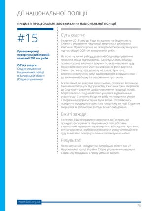 78
www.boi.org.ua
ДІЇ НАЦІОНАЛЬНОЇ ПОЛІЦІЇ
Правоохоронці
повернули риболовній
компанії 200 тон риби
Об’єкт скарги:
Слідче управління
Національної поліції
в Запорізькій області
(Слідче управління)
Суть скарги:
6 серпня 2018 року до Ради зі скаргою на бездіяльність
Слідчого управління Нацполіції звернулася риболовна
компанія. Правоохоронці не повертали Скаржнику вилучені
під час обшуку 200 тон замороженої риби.
На початку липня райсуд дозволив Слідчому управлінню
провести обшук підприємства. За результатами обшуку,
правоохоронці вилучили документи, вказані в ухвалі суду.
Вони також вилучили 200 тон мороженої риби вартістю
3 млн. грн., на що суд дозволу не давав. Крім того,
вивезення вилученої риби здійснювалося з порушеннями –
до закінчення обшуку та оформлення протоколів.
Апеляційний суд скасував арешт майна, після чого його мали
б негайно повернути підприємству. Скаржник тричі звертався
до Слідчого управління щодо повернення продукції, проте,
безрезультатно. Слідчий всіляко ухилявся від виконання
ухвали суду. Станом на 6 серпня рибу не повернули, умови
її зберігання підприємству не були відомі. Сподіваючись
повернути продукцію вчасно та в товарному вигляді, Скаржник
звернувся за допомогою до Ради бізнес-омбудсмена.
Вжиті заходи:
Інспектор Ради оперативно звернувся до Генеральної
прокуратури України та Національної поліції України
з проханням перевірити правомірність дій слідчого. Крім того,
він наголосив на необхідності виконати ухвалу Апеляційного
суду та негайно повернути тимчасово вилучене майно.
Результат:
Після залучення Прокуратури Запорізької області та ГСУ
Національної поліції України, Слідче управління повернуло
Скаржнику продукцію. Справу успішно закрито.
#15
ПРЕДМЕТ: ПРОЦЕСУАЛЬНІ ЗЛОВЖИВАННЯ НАЦІОНАЛЬНОЇ ПОЛІЦІЇ
 