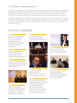 91
3.2.	Зв’язки з громадськістю
Діяльність Ради спрямована на інформування стейкхолдерів про проблеми та прагнення компаній,
що працюють в Україні. Ми регулярно виступаємо на презентаціях, публічних бесідах та семінарах,
щоб пояснити підприємствам, що потерпають від зловживань держорганів, як цьому можна
протистояти, звернувшись до РБО, а також ділимося останніми досягненнями в цьому напрямку.
Рада бізнес-омбудсмена співпрацює з ключовими друкованими та онлайн виданнями, ТБ та радіо
виключно на безкоштовній основі. З нашого боку ми надаємо медіа експертні висновки, правовий
аналіз, системні розробки та останні статистичні дані стосовно скарг бізнесу на неправомірні дії
державних органів.
УЧАСТЬ У ЗАХОДАХ
14.10
Економічний бізнес-форум
Horasis China Meeting,
організований Хорасіс
Україна, Китайською
федерацією промислової
економіки та Хорасіс
Швейцарія
18.10
Презентація Конфедерації
Італійської Промисловості
в Україні, організована
Торгово- промисловою палатою
19.10
Зустріч із Заступником міністра
закордонних справ Німеччини,
організована Реанімаційним
пакетом реформ
Package of Reforms
19.10
Семінар «Застосування
Закону про ТОВ та ТДВ: нові
можливості», організований
Професійною асоціацією
корпоративного управління
22.10
Зустріч з Олександром
Власовим, Виконуючим
обов’язки Голови ДФС України
24.10
VI Щорічний форум
юрисконсультів,
організований холдингом
«Юридическая практика»
26.10
Чесько-український бізнес-
форум у Празі, організований
українською юридичною
компанією «GOLAW» за
підтримки Посольства
України в Чеській Республіці
та Торгово-промислової
палати Чеської Республіки
29.10
Зустріч учасників UNIC,
організована за підтримки
юридичної фірми Arzinger
29.10-01.11
Семінар з питань ділової
взаємодії державних
підприємств для Середньої
Азії, організований ЄБРР та
ОЕСР у Киргизстані
 