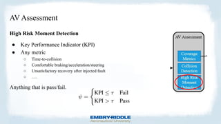 AV Assessment
High Risk Moment Detection
● Key Performance Indicator (KPI)
● Any metric
○ Time-to-collision
○ Comfortable braking/acceleration/steering
○ Unsatisfactory recovery after injected fault
○ ….
Anything that is pass/fail.
 