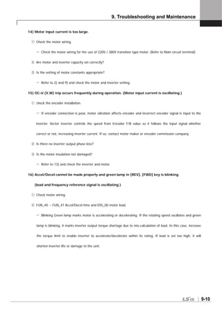 9. Troubleshooting and Maintenance
9-10
14) Motor input current is too large.
① Check the motor wiring.
☞ Check the motor wiring for the use of 220V / 380V transition type motor. (Refer to Main circuit terminal)
② Are motor and inverter capacity set correctly?
③ Is the setting of motor constants appropriate?
☞ Refer to 2) and 9) and check the motor and inverter setting.
15) OC-U (V,W) trip occurs frequently during operation. (Motor input current is oscillating.)
① check the encoder installation.
☞ If encoder connection is poor, motor vibration affects encoder and incorrect encoder signal is input to the
inverter. Vector inverter controls the speed from Encoder F/B value so it follows the input signal whether
correct or not, increasing inverter current. If so, contact motor maker or encoder commission company.
② Is there no inverter output phase loss?
③ Is the motor insulation not damaged?
☞ Refer to 13) and check the inverter and motor.
16) Accel/Decel cannot be made properly and green lamp in [REV], [FWD] key is blinking.
(load and frequency reference signal is oscillating.)
① Check motor wiring.
② FUN_40 ~ FUN_47 Accel/Decel time and DIS_00 motor load.
☞ Blinking Green lamp marks motor is accelerating or decelerating. If the rotating speed oscillates and green
lamp is blinking, it marks inverter output torque shortage due to mis-calculation of load. In this case, increase
the torque limit to enable inverter to accelerate/decelerate within its rating. If load is set too high, it will
shorten inverter life or damage to the unit.
 