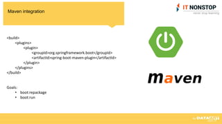 Maven integration
<build>
<plugins>
<plugin>
<groupId>org.springframework.boot</groupId>
<artifactId>spring-boot-maven-plugin</artifactId>
</plugin>
</plugins>
</build>
Goals:
• boot:repackage
• boot:run
 
