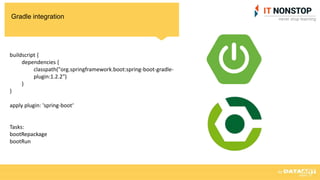 Gradle integration
buildscript {
dependencies {
classpath("org.springframework.boot:spring-boot-gradle-
plugin:1.2.2")
}
}
apply plugin: 'spring-boot‘
Tasks:
bootRepackage
bootRun
 